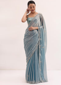 Powder Blue Embroidered Chinnon Saree With Unstitched Blouse