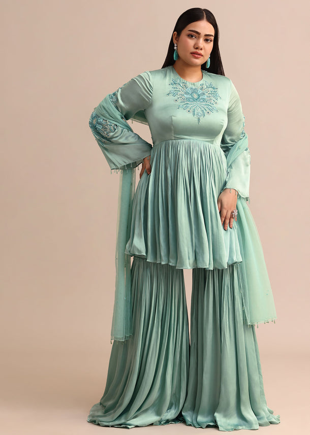 Powder Blue Embroidered Kurta Sharara With Dupatta