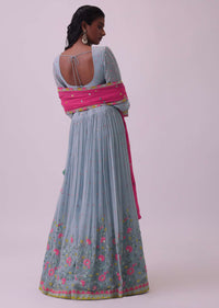 Powder Blue Embroidered Lehenga And Blouse In Georgette