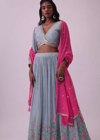 Powder Blue Embroidered Lehenga And Blouse In Georgette