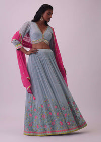 Powder Blue Embroidered Lehenga And Blouse In Georgette