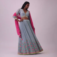 Powder Blue Embroidered Lehenga And Blouse In Georgette