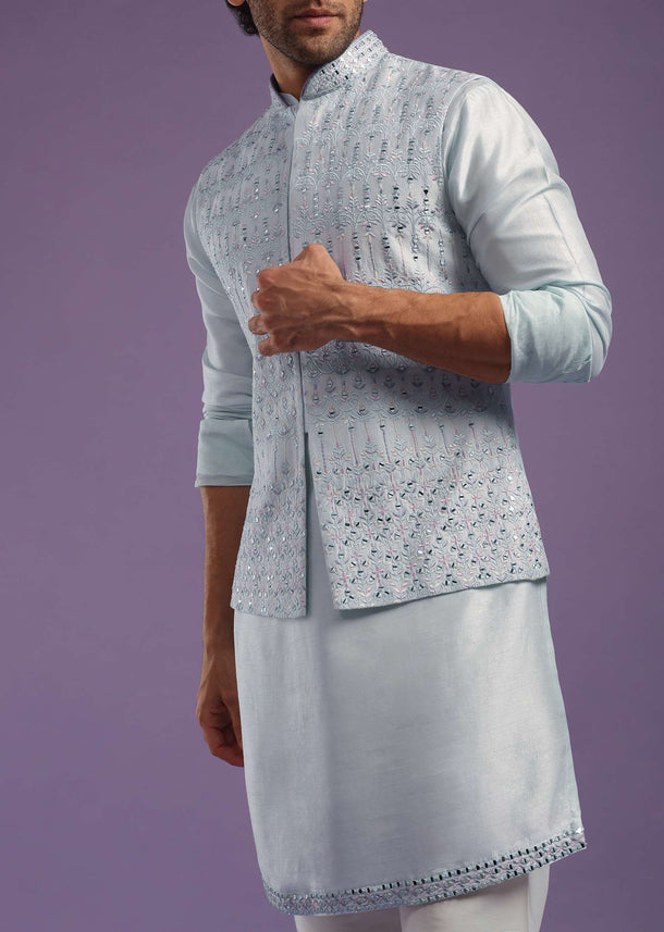 Powder Blue Jacket Kurta Set In Silk With Thread And Mirror Work