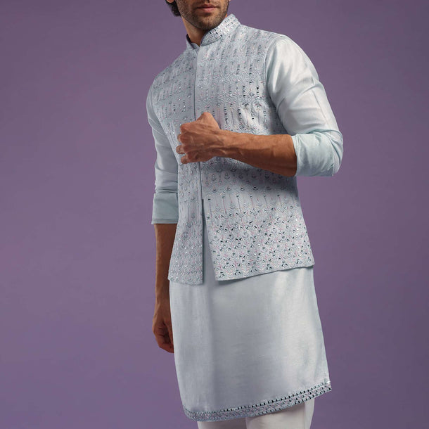 Powder Blue Jacket Kurta Set In Silk With Thread And Mirror Work