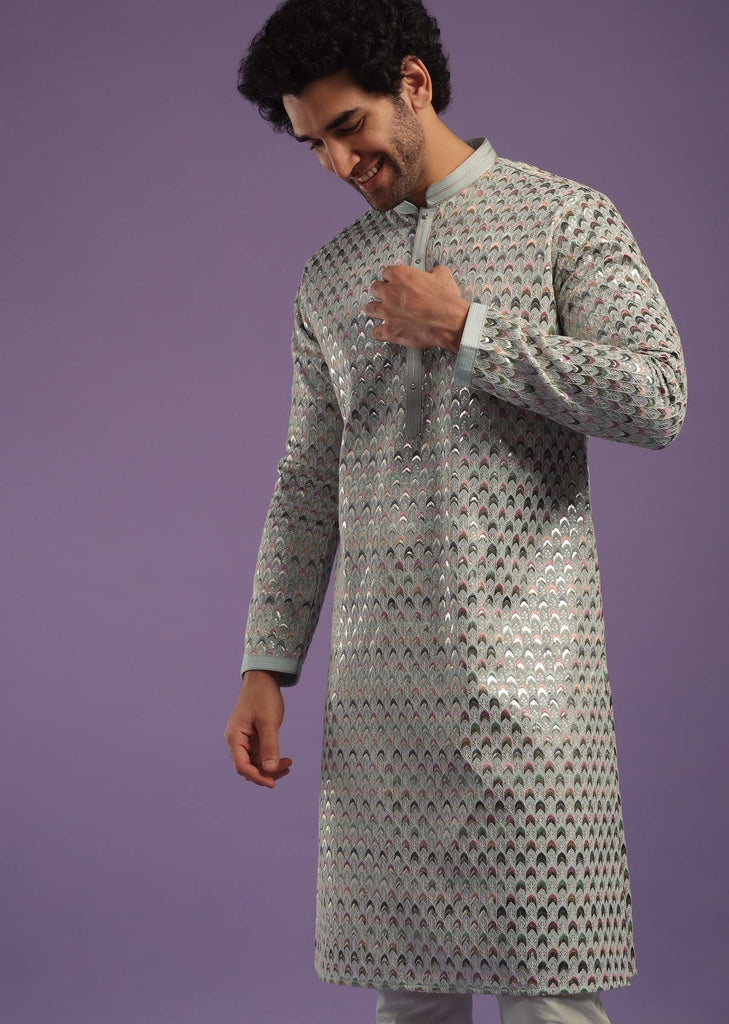 Powder Blue Kurta Set In Art Silk With Sequins Work All Over