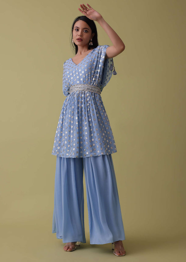 Powder Blue Palazzo Top Set In Georgette With Sequins Work