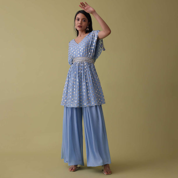 Powder Blue Palazzo Top Set In Georgette With Sequins Work