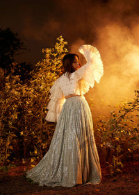 Powder Blue Sequin Skirt And White Crop Top With Fancy Layered Bell Sleeves And Plunging Neckline