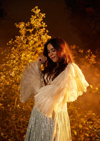 Powder Blue Sequin Skirt And White Crop Top With Fancy Layered Bell Sleeves And Plunging Neckline