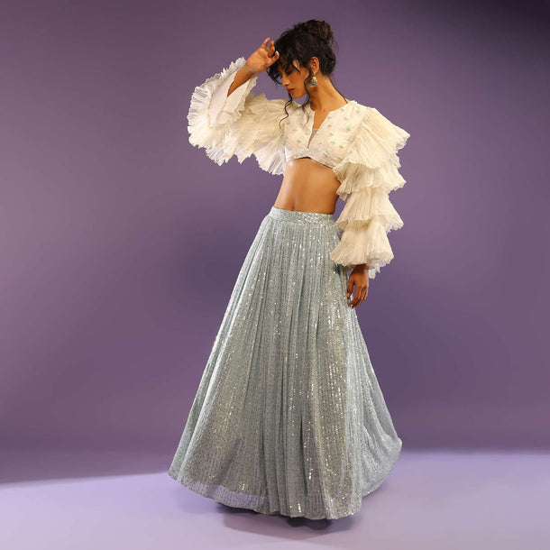 Powder Blue Sequin Skirt And White Crop Top With Fancy Layered Bell Sleeves And Plunging Neckline