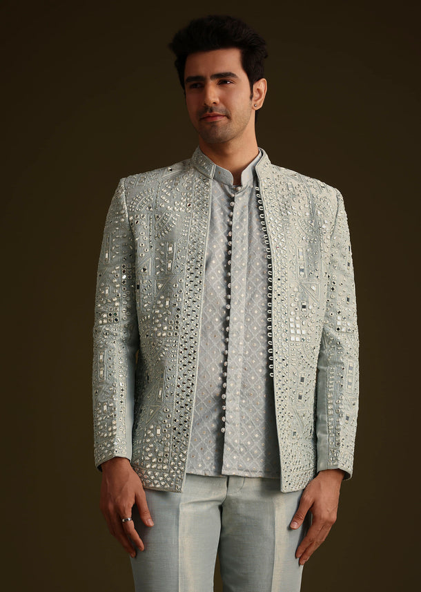 Powder Blue Silk Mirror Work Indo Jacket Set
