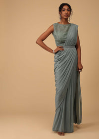 Powder Blue Stitched Ready To Wear Saree With Stone Studded Blouse