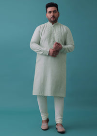 Powder Green Embroidered Kurta Set With Mirror Work In Cotton Silk