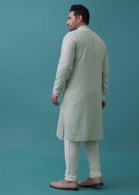 Powder Green Embroidered Kurta Set With Mirror Work In Cotton Silk