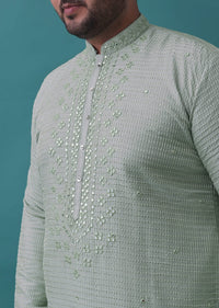Powder Green Embroidered Kurta Set With Mirror Work In Cotton Silk