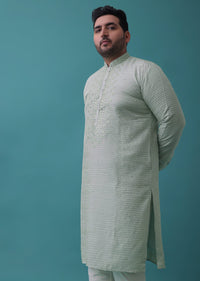 Powder Green Embroidered Kurta Set With Mirror Work In Cotton Silk