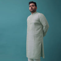 Powder Green Embroidered Kurta Set With Mirror Work In Cotton Silk