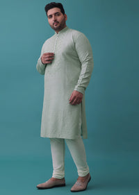 Powder Green Embroidered Kurta Set With Mirror Work In Cotton Silk
