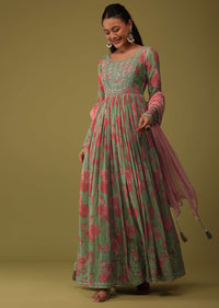 Powder Green Chinon Anarkali Set With Zari And Bead Work