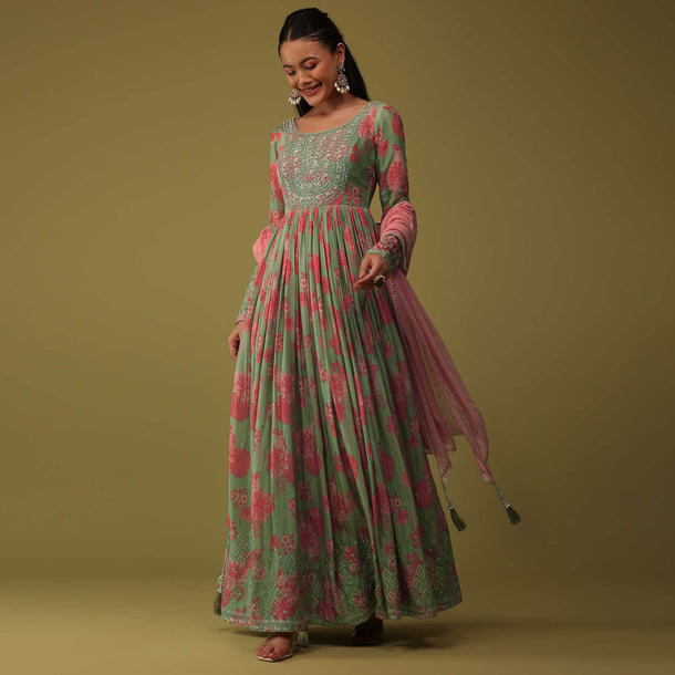 Powder Green Chinon Anarkali Set With Zari And Bead Work