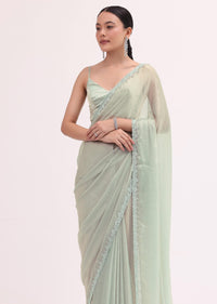 Powder Green Embellished Saree WIth Unstitched Blouse