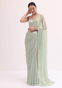 Powder Green Embellished Saree WIth Unstitched Blouse