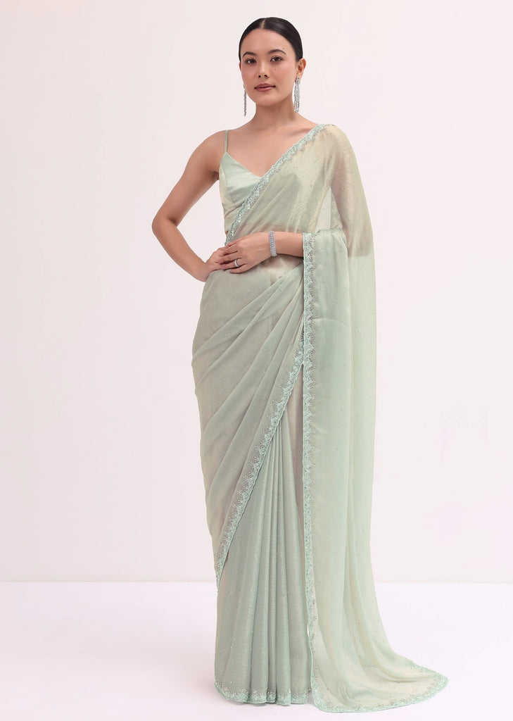 Powder Green Embellished Saree WIth Unstitched Blouse