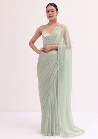 Powder Green Embellished Saree WIth Unstitched Blouse