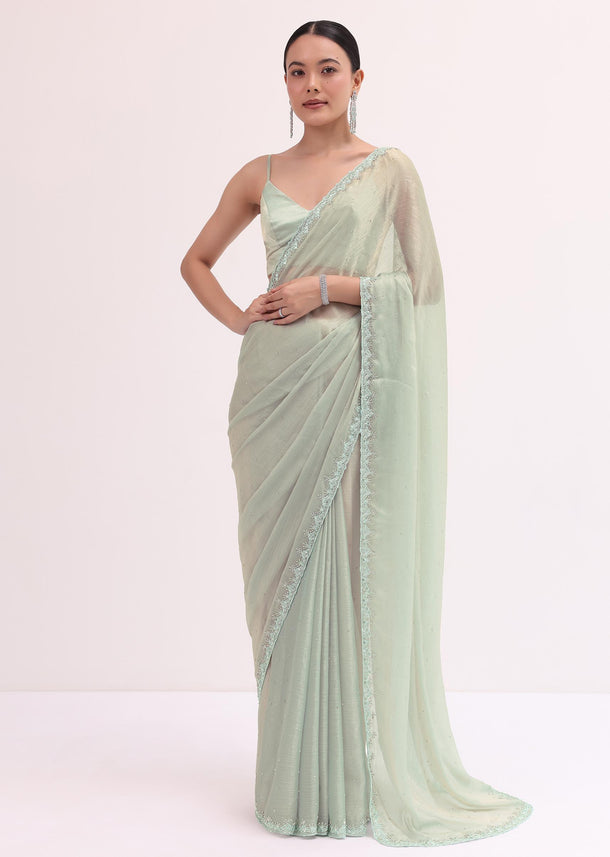 Powder Green Embellished Saree WIth Unstitched Blouse