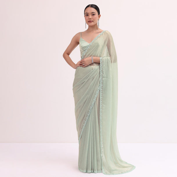 Powder Green Embellished Saree WIth Unstitched Blouse