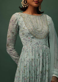 Powder Green Embroidered Anarkali In Georgette With Floral Print