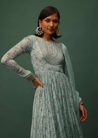 Powder Green Embroidered Anarkali In Georgette With Floral Print