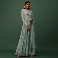 Powder Green Embroidered Anarkali In Georgette With Floral Print