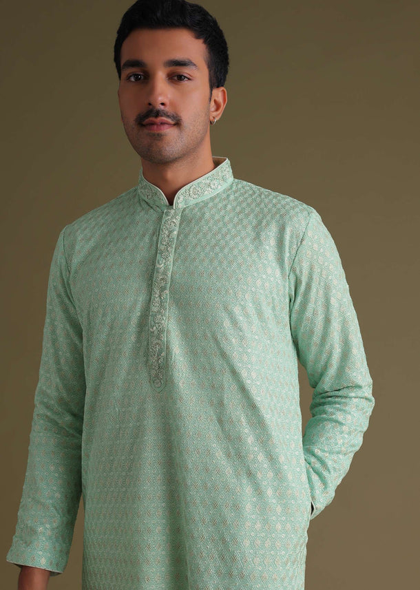 Powder Green Festive Textured Kurta Set In Silk With Sequin Embroidery