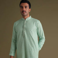 Powder Green Festive Textured Kurta Set In Silk With Sequin Embroidery