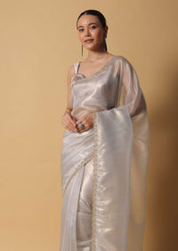 Powder Green Foil Saree In Tissue With Cut Dana Embroidered Borders