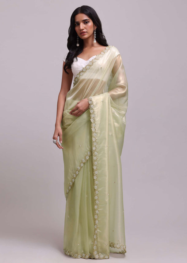 Powder Green Foil Saree In Tissue With Embroidered Borders