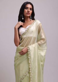 Powder Green Foil Saree In Tissue With Embroidered Borders