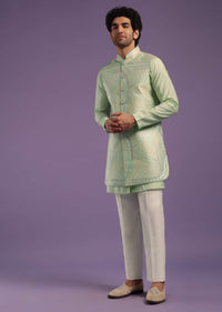 Powder Green Jacket Kurta Set In Art Silk With Rehsam And Thread Work