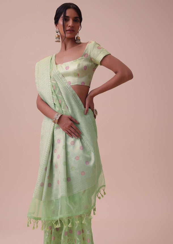 Powder Green Kora Cotton Silk Saree With Meenakari Butti All over