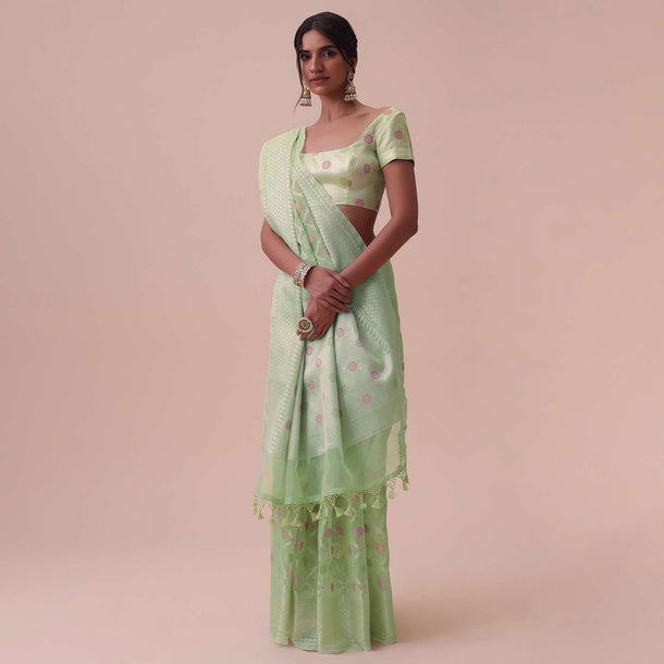 Powder Green Kora Cotton Silk Saree With Meenakari Butti All over