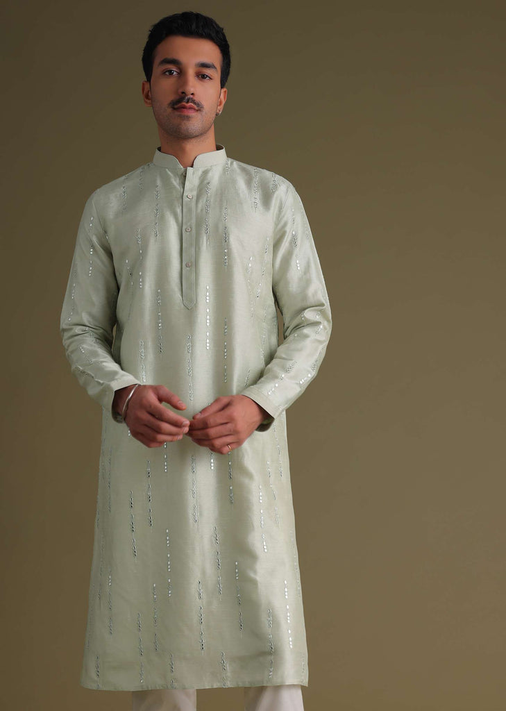 Powder Green Kurta Set With Mirror Work Embroidery In Cotton Silk