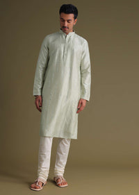 Powder Green Kurta Set With Mirror Work Embroidery In Cotton Silk