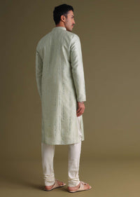 Powder Green Kurta Set With Mirror Work Embroidery In Cotton Silk