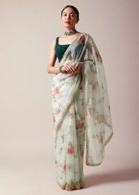 Off white Saree In Organza With Floral Print And Cut Dana Work Along With Unstitched Blouse