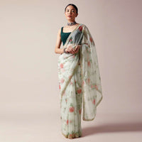 Off white Saree In Organza With Floral Print And Cut Dana Work Along With Unstitched Blouse