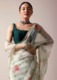 Off white Saree In Organza With Floral Print And Cut Dana Work Along With Unstitched Blouse