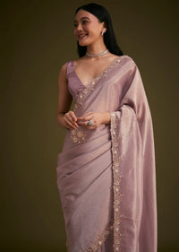 Powder Lavender Tissue Saree With Floral Embroidery