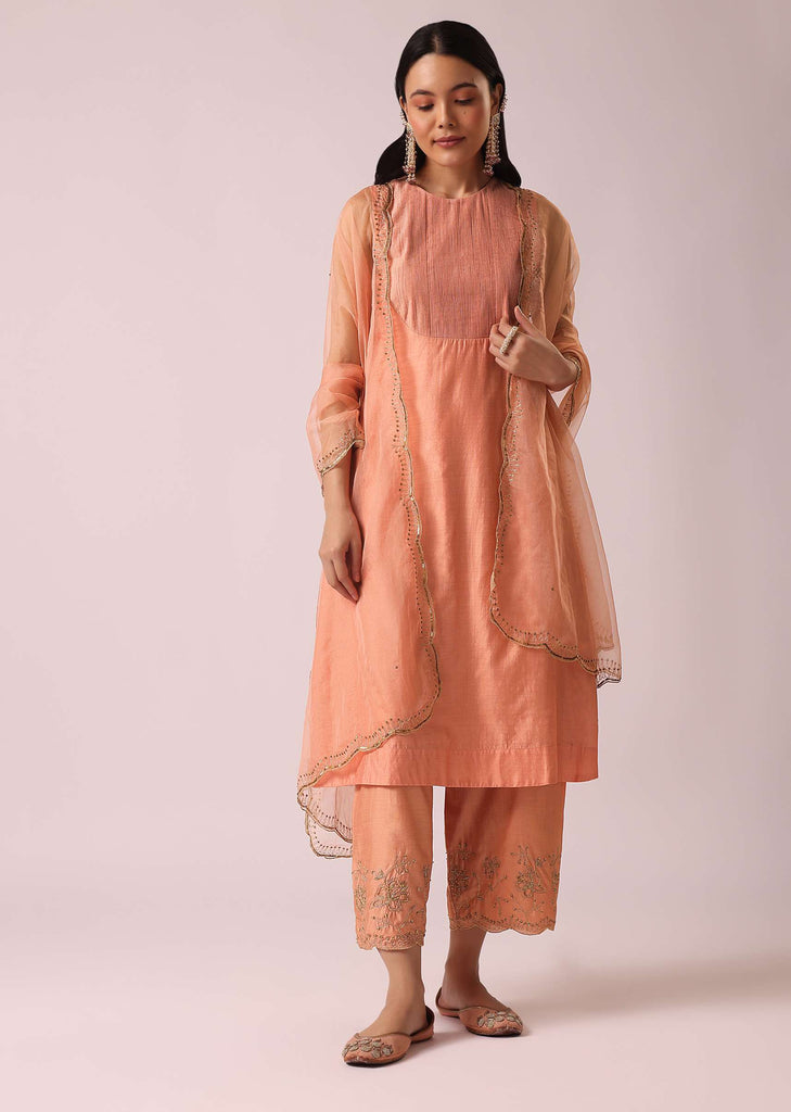 Powder Peach Chanderi Anarkali And Pant Set