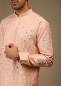 Powder Peach Kurta Set In Silk With Thread And Abla Embroidered Geometric Motifs In Striped Design